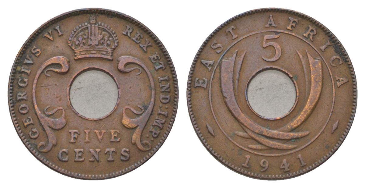 Британская Восточная Африка 5 центов 1941 Георг VI (1936-1952) KM 25 бронза 4626-717