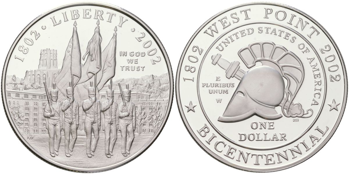 США 1 доллар 2002 W, 200 лет Военной академии в Вест-Поинте KM 338 серебро PROOF 11-233-21
