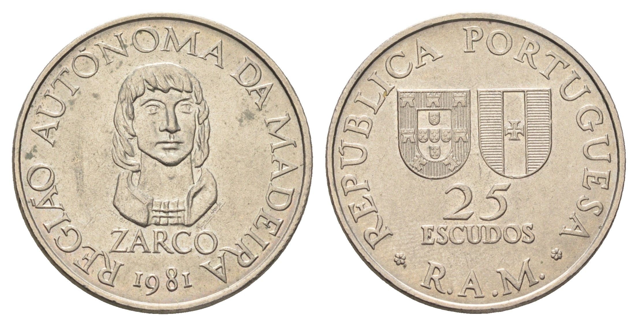 Португалия, Мадейра 25 эскудо 1981 Жуан Гонсалвиш Зарку KM 4 медно-никель UNC 4660-943