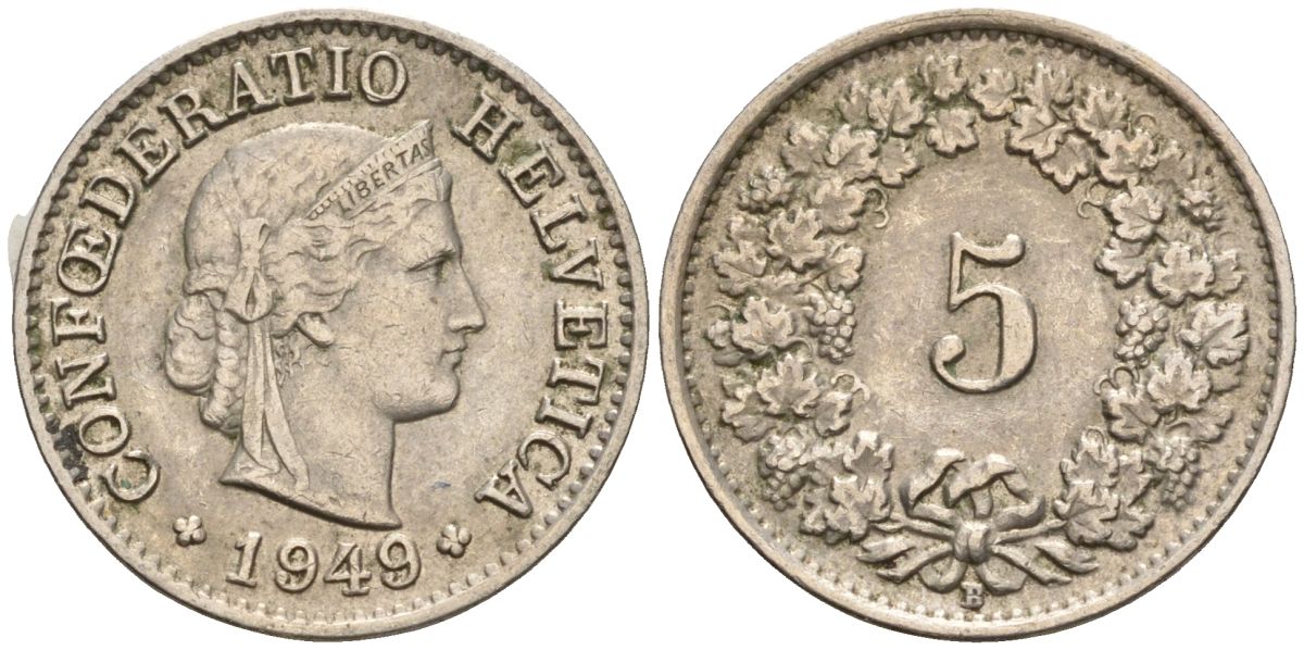 Швейцария 5 раппенов 1949 B KM 26 медно-никель 4608-442