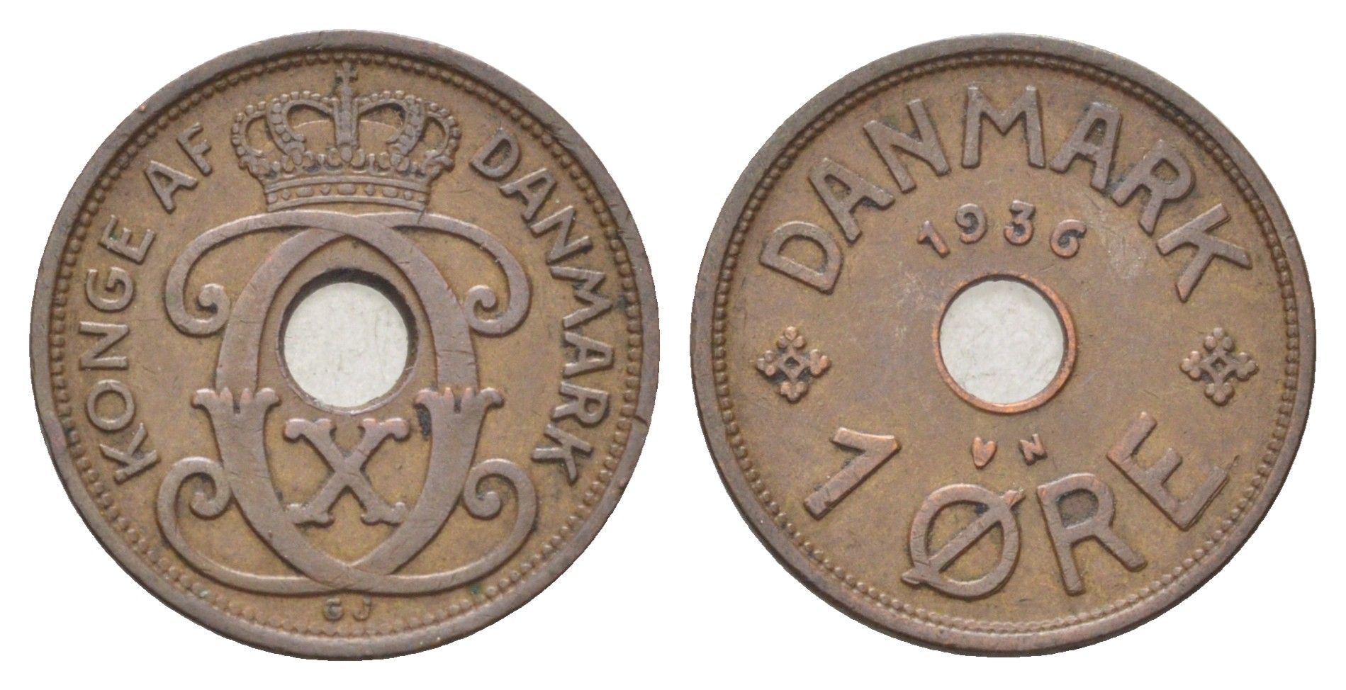 Дания 1 эре 1936 N, Кристиан X (1912-1947) KM 826 бронза 4701-567