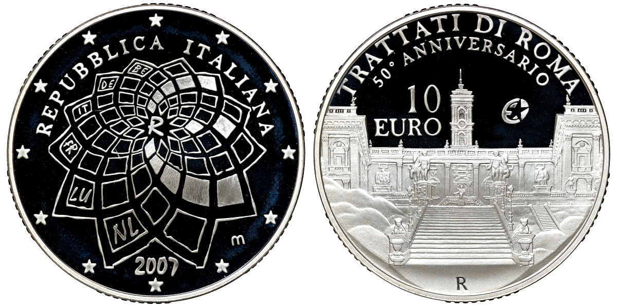 Италия 10 евро 2007 50 лет Римскому договору KM 295 серебро PROOF 4-3-5-07