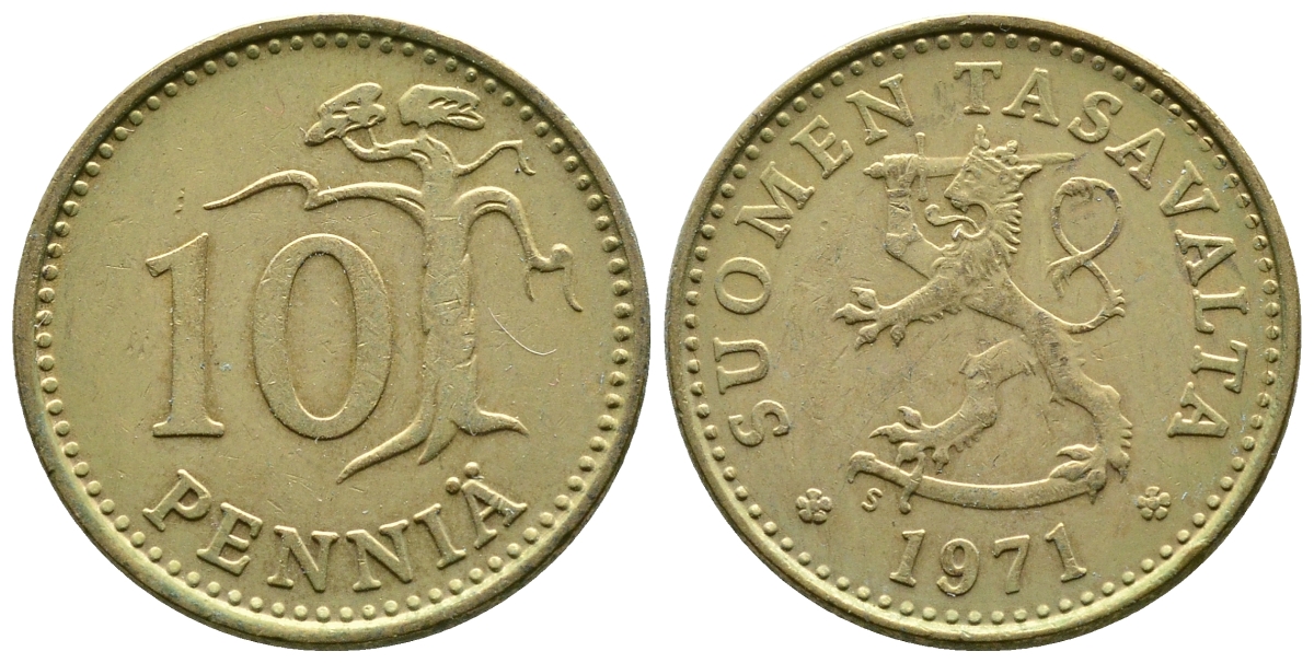ФИНЛЯНДИЯ 10 ПЕННИ 1971 S KM 46 алюминиевая бронза 4110-747