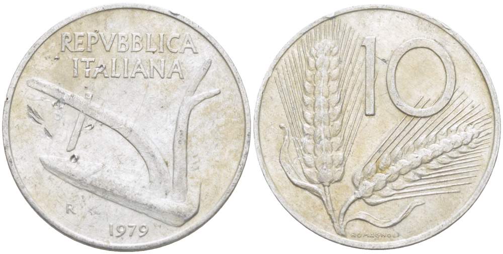 ИТАЛИЯ 10 ЛИР 1979 R, КОЛОСЬЯ, ПЛУГ KM 93 алюминий 4513-835