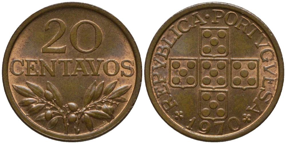 ПОРТУГАЛИЯ 20 СЕНТАВО 1970 KM 595 бронза 218-1113