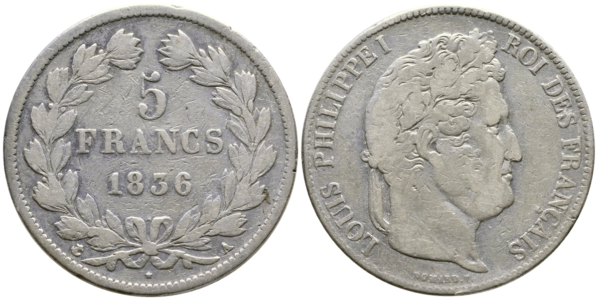 Франция 5 франков 1836 А, Луи Филипп I (1830-1848) KM 749.1 серебро 79-1035