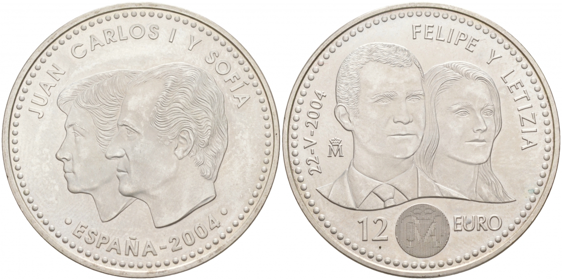 Испания 12 евро 2004 свадьба принца Фелипе и Летисии 24.05.2004 KM 1069 серебро UNC 1521-1115