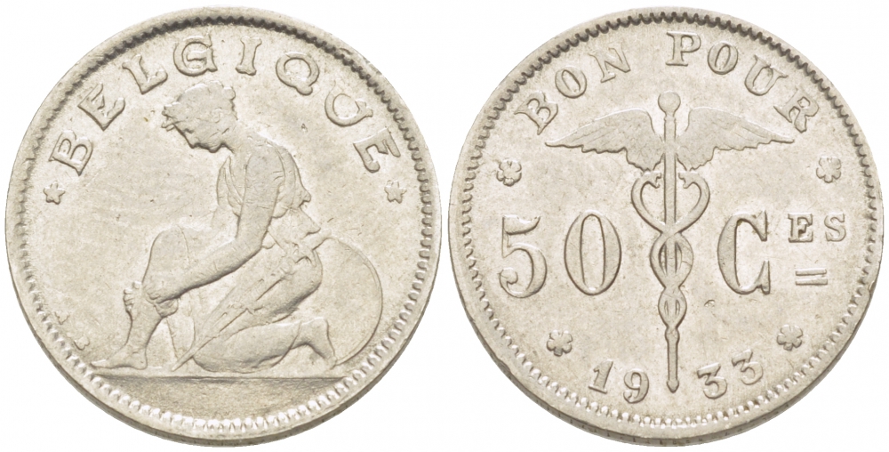 БЕЛЬГИЯ 50 САНТИМОВ 1933 BELGIQUE KM 87 никель 261-1641
