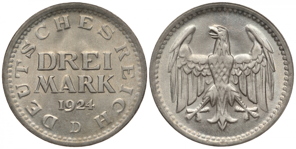 Германия 3 марки 1924 D, Веймарская Республика, цена по каталогу MT 350 евро Weege 19, J. 312, KM 43 серебро  UNC  00-803-52