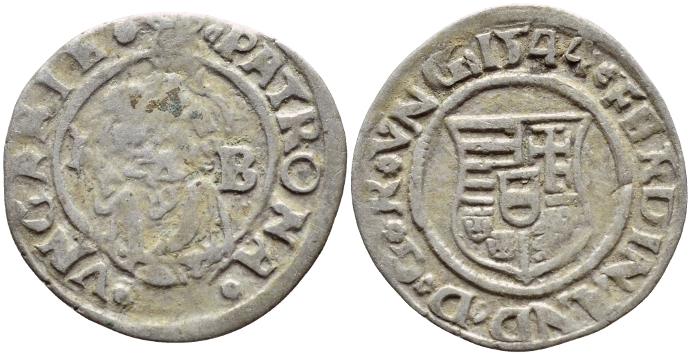 Венгрия 1 денар 1544 КВ, Фердинанд I (1526-1564), монетный двор Креница Hunzar 935 серебро    1530-244