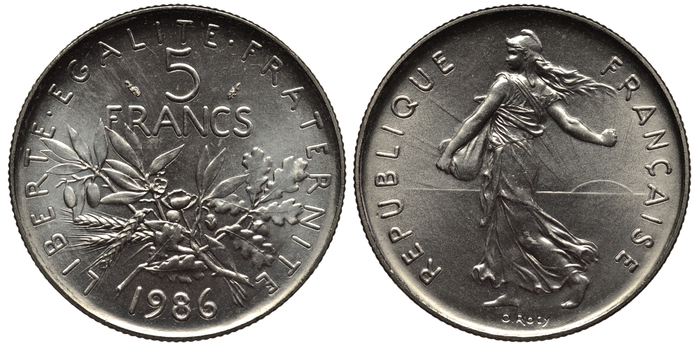 Франция 5 франков 1986 сеятель, тираж 15000 экземпляров KM 926a.1, LE FRANC 341.18 медно-никель плакированный никелем  UNC  1530-1422