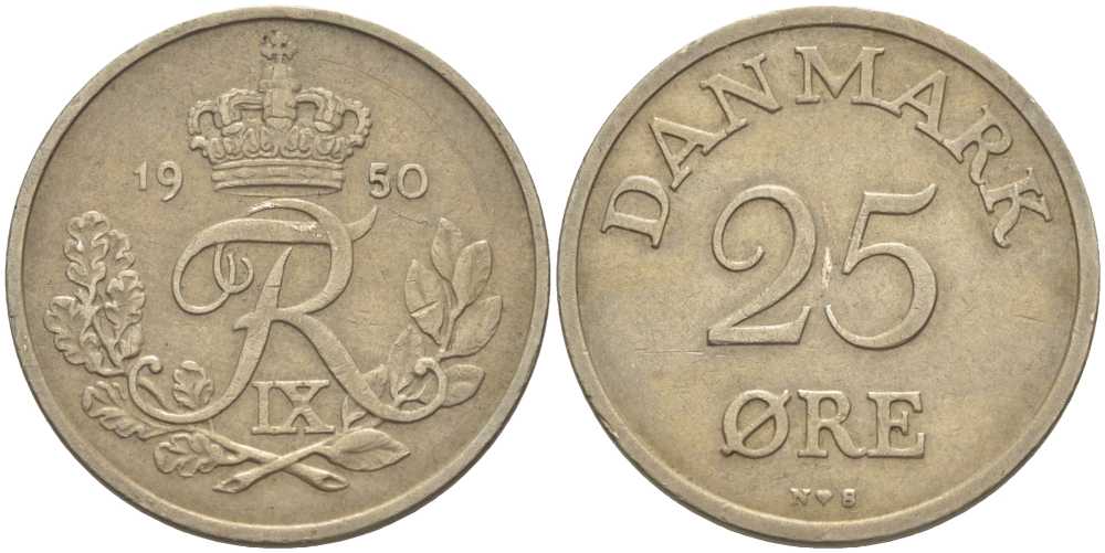 Дания 25 эре 1950 N,S, Фредерик IX (1947-1972) KM 842.1 медно-никель 67-944