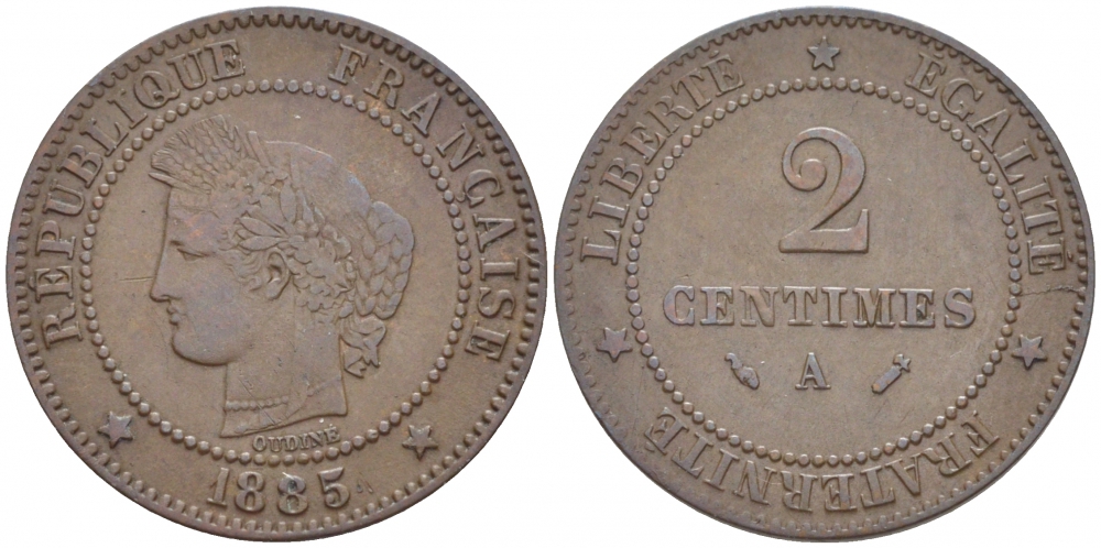 ФРАНЦИЯ 2 САНТИМА 1885 A KM 827.1 бронза 116-749
