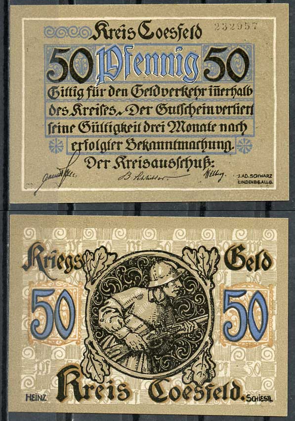 Германия, Косфельд 50 пфеннигов 1918 нотгельд, 6 цифр в номере Tieste 1185.05.02 бумага UNC (пресс) 444-78-2-2