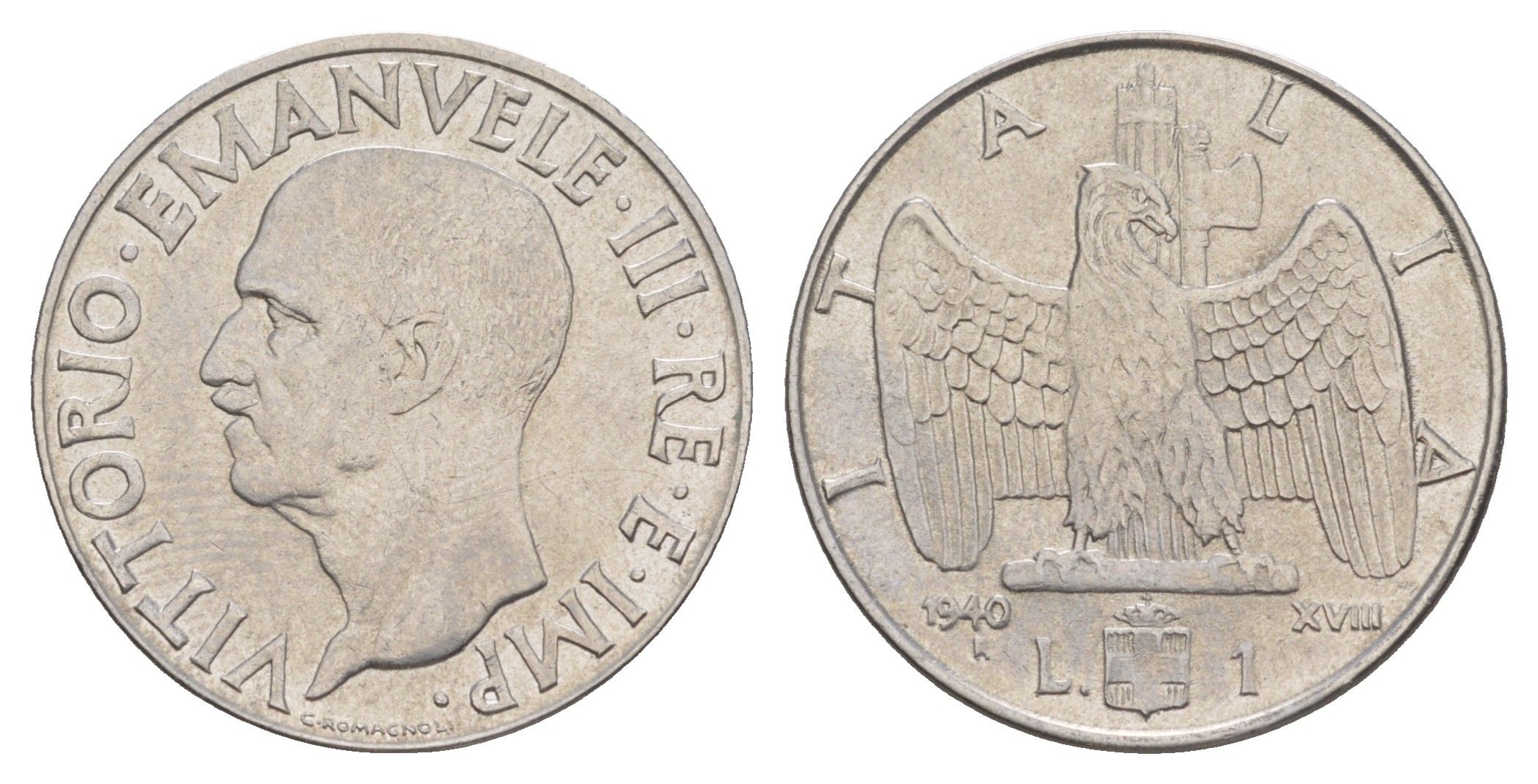 Италия 1 лира 1940 KM 77a нержавеющая сталь 4646-935