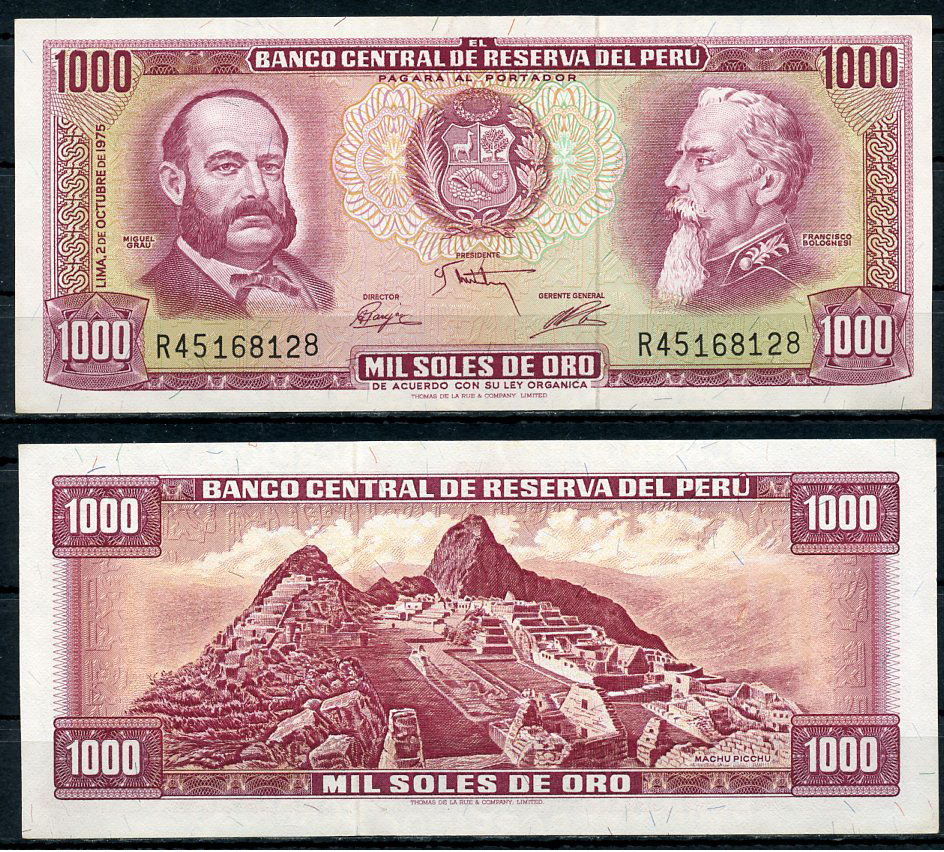 Перу 1000 солей 1975 Мигель Грау, Франсиско Болоньези, Мачу-Пикчу Pick 116 a  бумага  aUNC 451-732-1