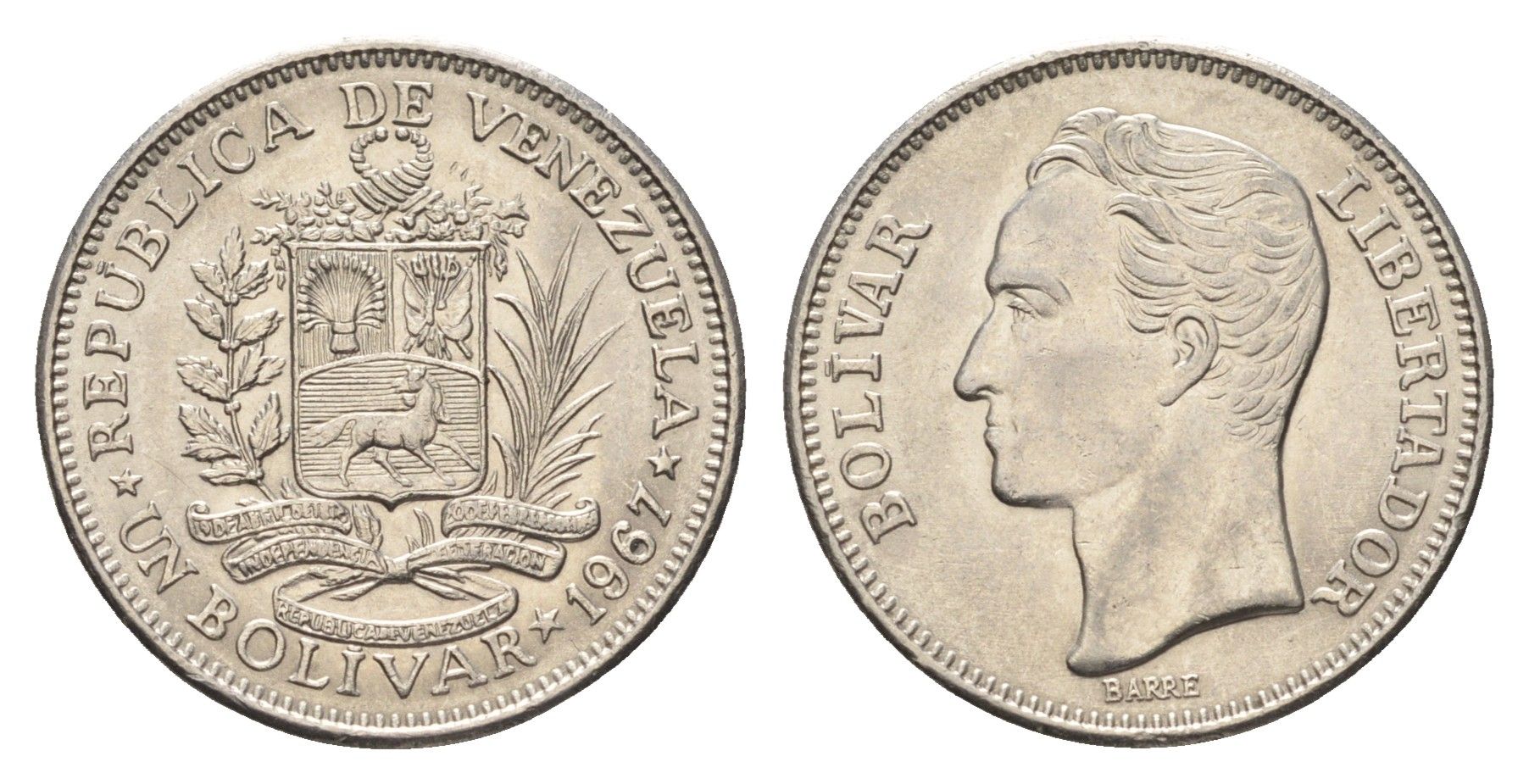 Венесуэла 1 боливар 1967 год-тип, Симон Боливар Y 42 никель aUNC 4668-1028