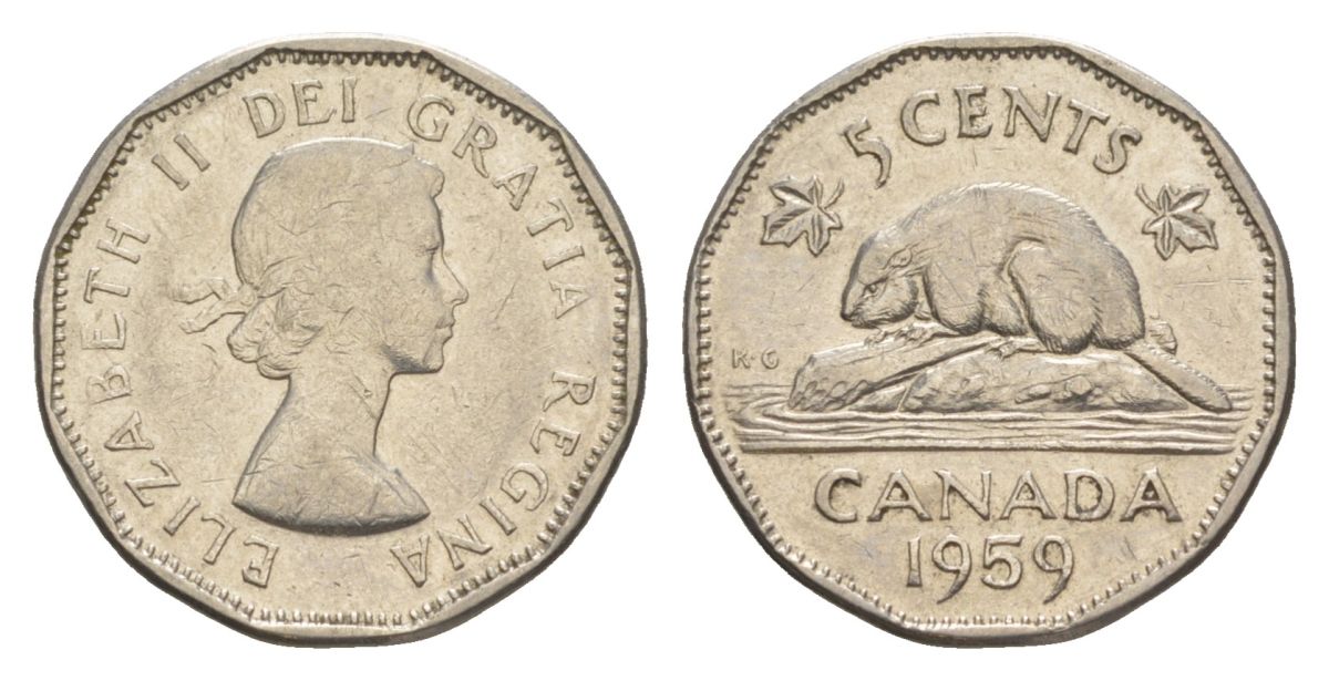 Канада 5 центов 1959 Елизавета II (1952-2022), бобр KM 50a никель 4630-665
