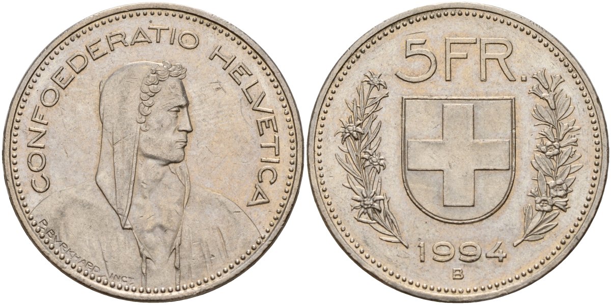 Швейцария 5 франков 1994 B, Вильгельм Телль KM 40a медно-никель 4157-345