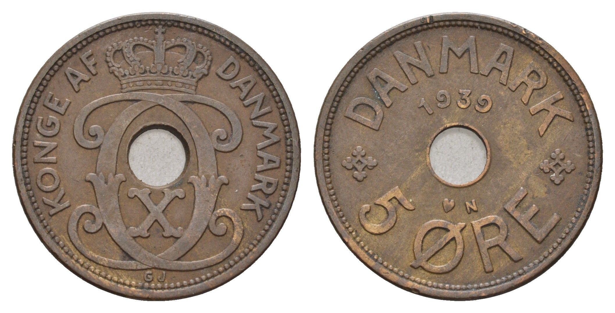 Дания 5 эре 1939 N, Кристиан X (1912-1947) KM 828 бронза 4700-846