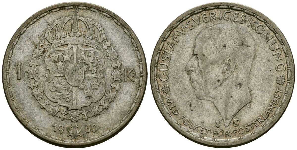 Швеция 1 крона 1950 TS, Густав VI Адольф (1950-1973) KM 814 серебро 4177-954