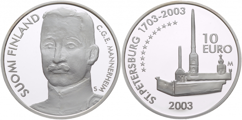 Финляндия 10 евро 2003 S-M, Карл Маннергейм, 300 лет основания Санкт-Петербурга, Петропавловская крепость KM 112 серебро PROOF 05-091-13