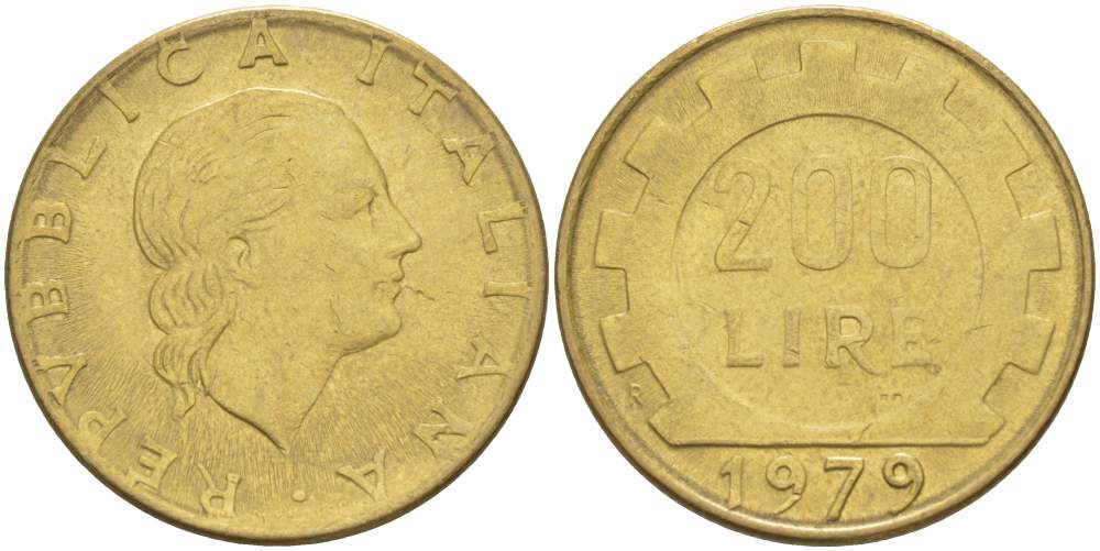 Италия 200 лир 1979 R, шестерня KM 105 алюминиевая бронза 4529-152