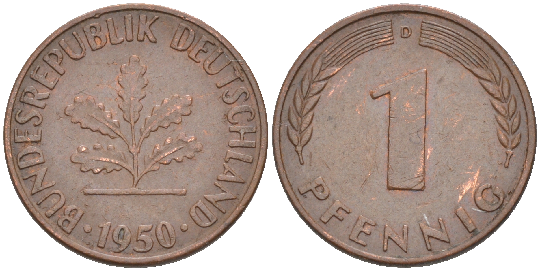 ФРГ 1 пфенниг 1950 D KM 105, J.380 сталь плакированная медью 187-851