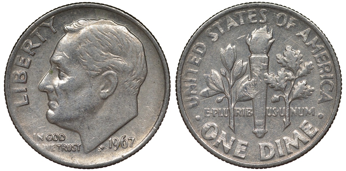 США 10 центов (дайм) 1967 Рузвельт KM 195а медь плакированная медно-никелем 4124-438