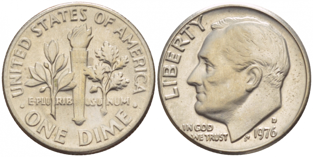 США 10 ЦЕНТОВ = 1 ДАЙМ 1976 D, РУЗВЕЛЬТ KM 195а медь плакированная медно-никелем 4547-946