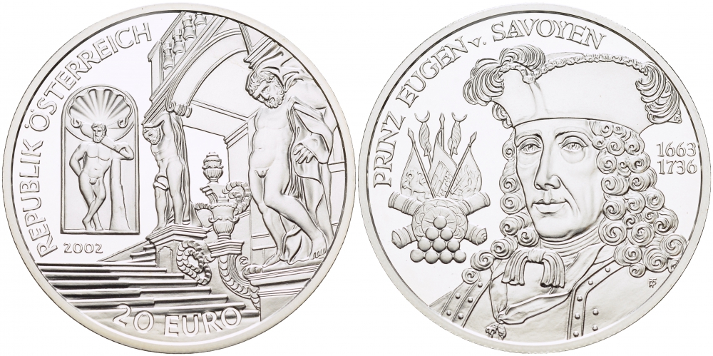 АВСТРИЯ 20 ЕВРО 2002 ПРИНЦ ОЙГЕН (1663-1736) ПЕРИОД БАРОККО, ПРИНЦ САВОЙСКИЙ KM 3098 серебро PROOF 1087-3-74