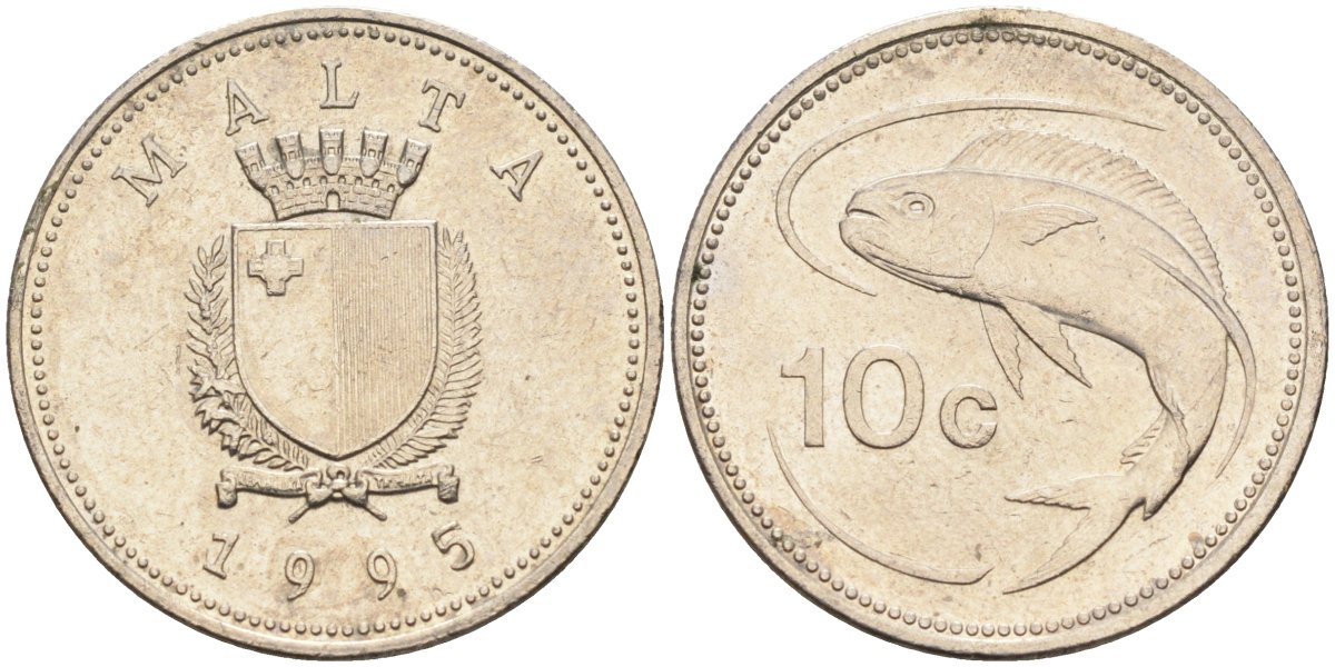 Мальта 10 центов 1995 золотая макрель KM 96 медно-никель 4588-242