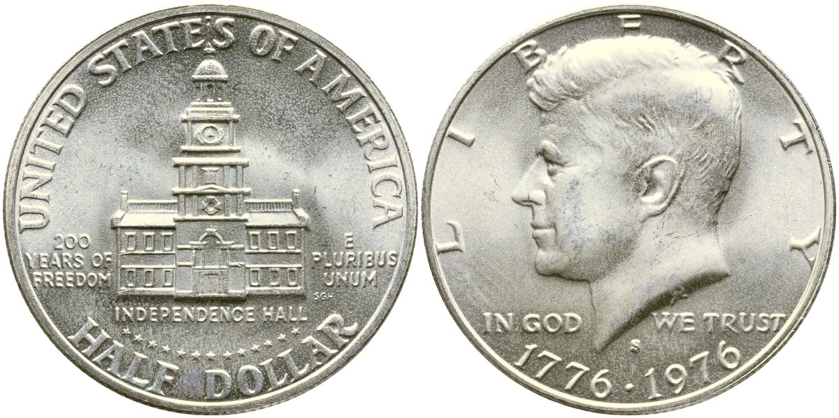 США 1/2 доллара (50 центов) 1976 S, 200 лет независимости KM 205a серебро UNC 00-00