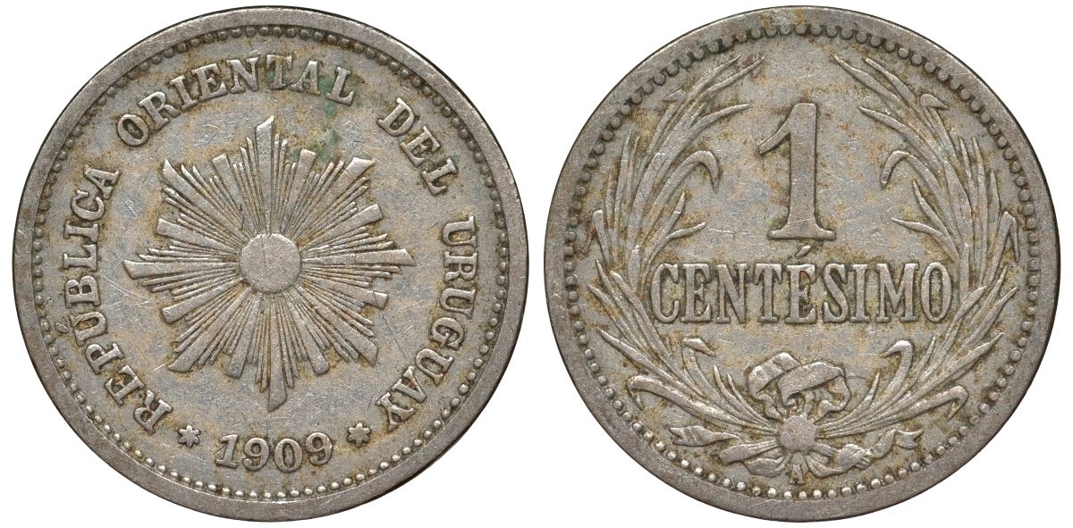 Уругвай 1 сентесимо 1909 KM 19 медно-никель 4169-619