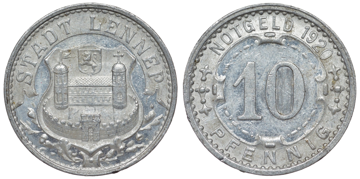 Леннеп 10 пфеннигов 1920  Funck 288.2, Men05 14940.2, Men18 18748.2 алюминий  UNC   4119-1043
