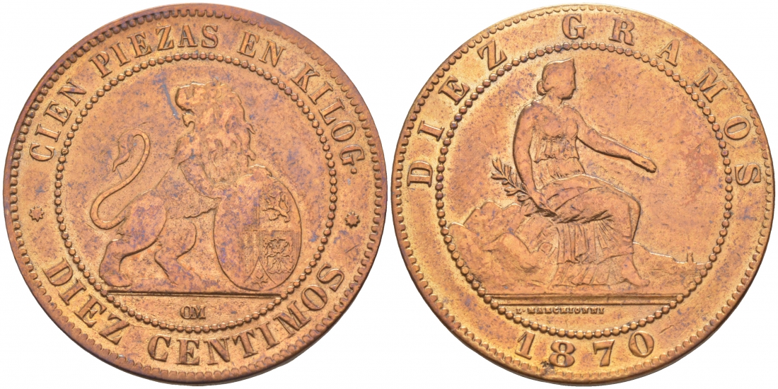 Испания 10 сентимо 1870 ОМ, лев со щитом KM 663 (Y54) медь 3855-542