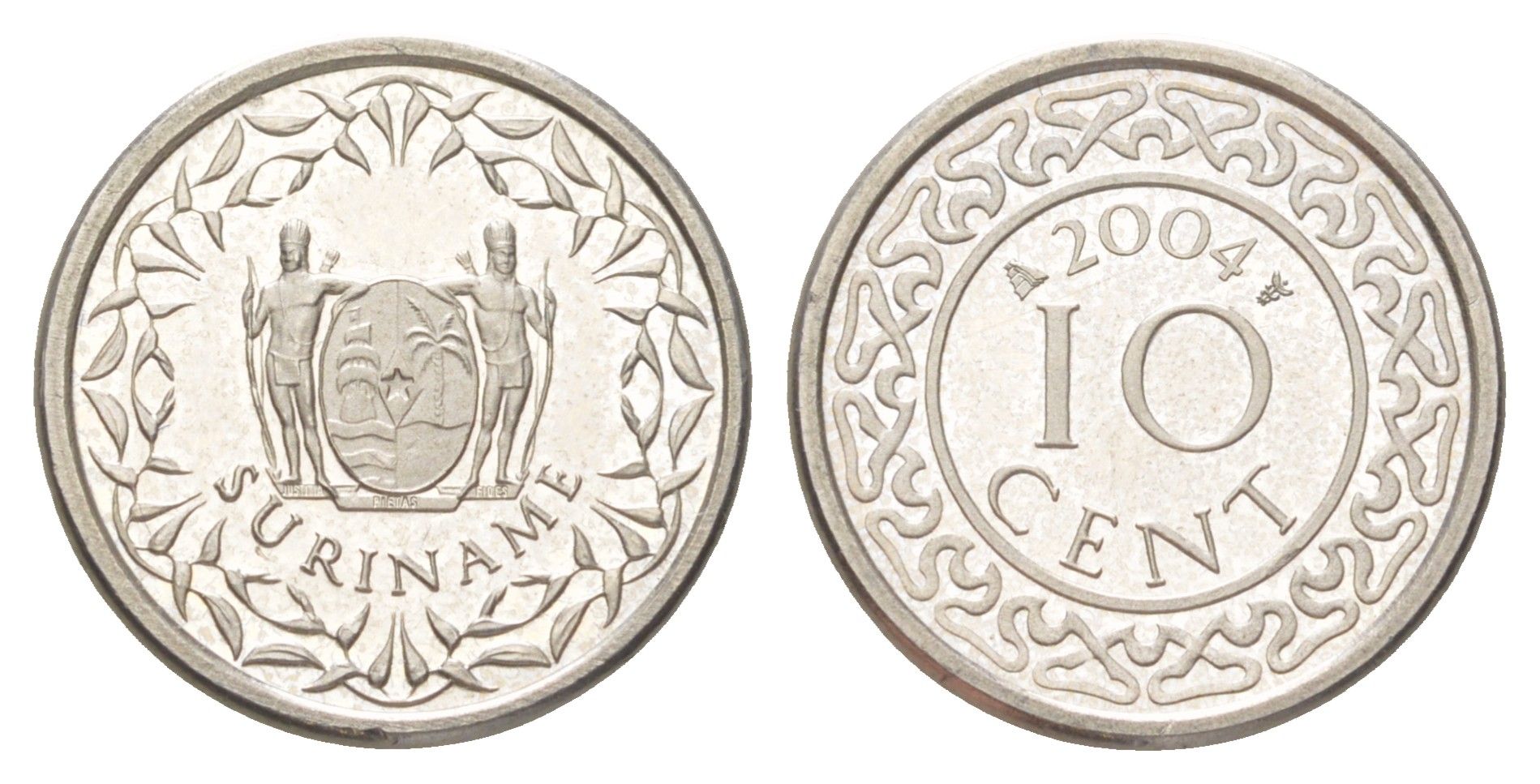 Суринам 10 центов 2004 тираж 4000 экземпляров KM 13a медно-никель BU 4625-334