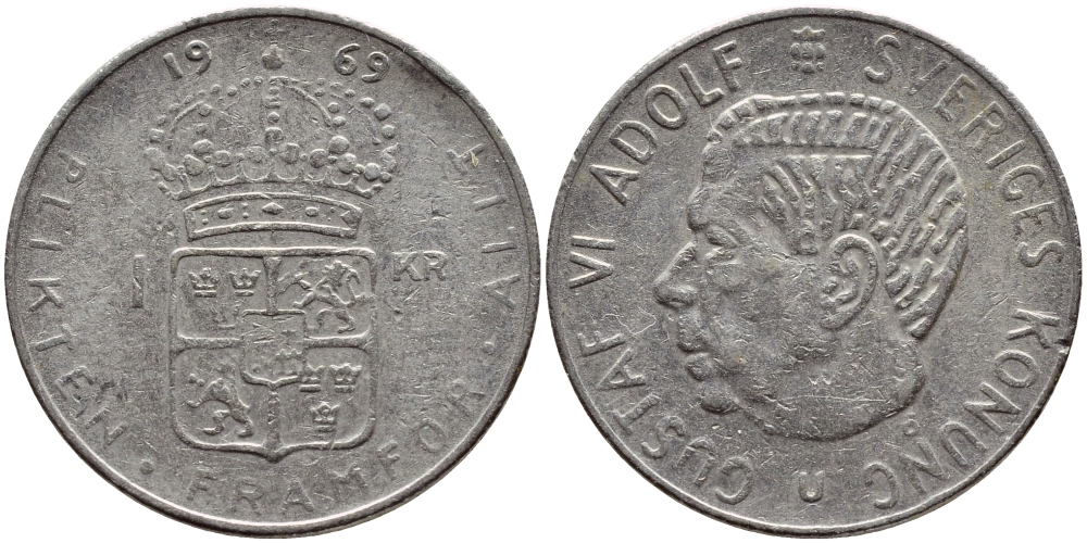 Швеция 1 крона 1969 Густав VI Адольф (1950-1973) KM 826a медь плакированная медно-никелем 4388-156