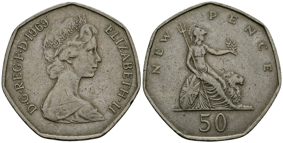 Великобритания 50 пенсов 1969 Елизавета II (1952-2022) KM 913, Spink 4223 (H1) медно-никель 4137-344
