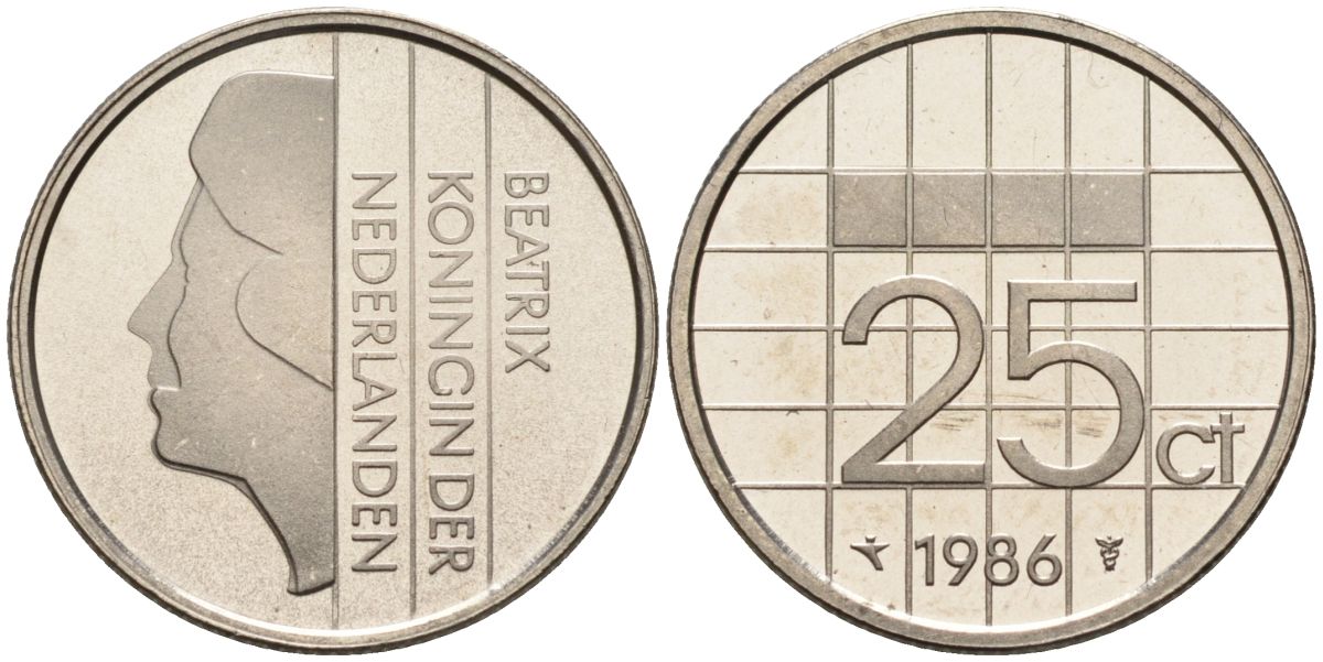 Нидерланды 25 центов 1986 Беатрикс (1980-2013) KM 204 никель UNC 4588-868