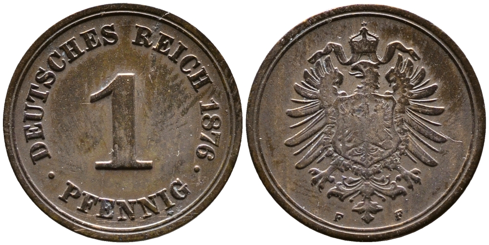 Германия 1 пфенниг 1876 F KM 1, J. 1, Weege 1 медь 4387-255