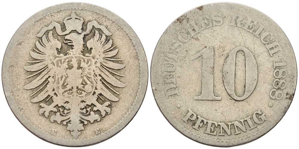 ГЕРМАНИЯ 10 ПФЕННИГОВ 1888 E, СТАРОГЕРБОВКА KM 4, J. 4 медно-никель 4401-324