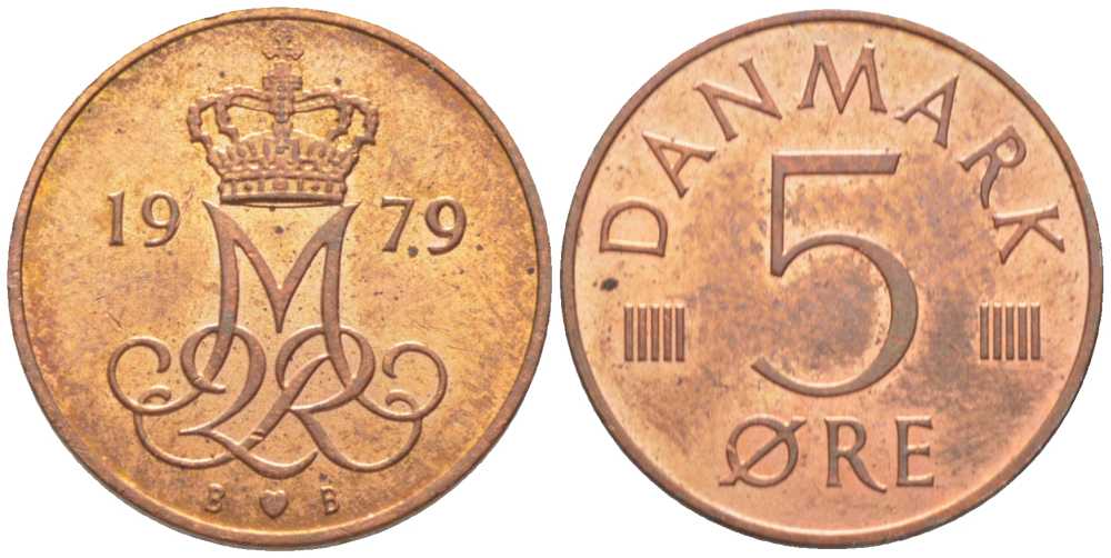 ДАНИЯ 5 ЭРЕ 1979 B; B, МАРГРЕТЕ II (1972-) KM 859,2 железо плакированное медью 201-1167