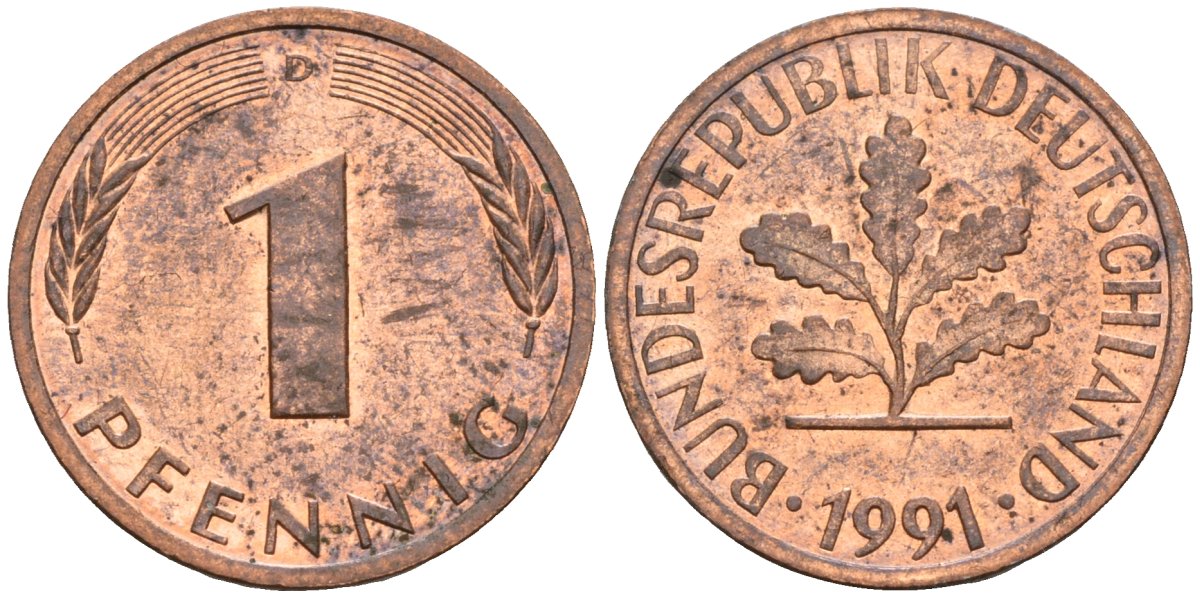 ФРГ 1 пфенниг 1991 D KM 105, J.380 сталь плакированная медью 3955-652