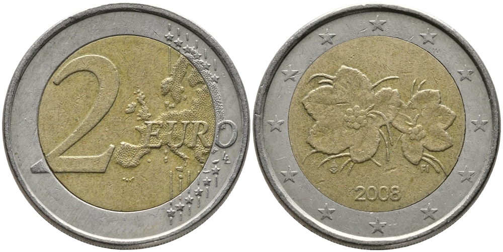 ФИНЛЯНДИЯ 2 ЕВРО 2008 М, ЦВЕТЫ МОРОШКИ KM 105 биметалл 34-346
