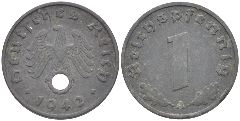 ГЕРМАНИЯ 1 РЕЙХСПФЕННИГ 1942 А KM 97, J. 369 цинк 4181-517