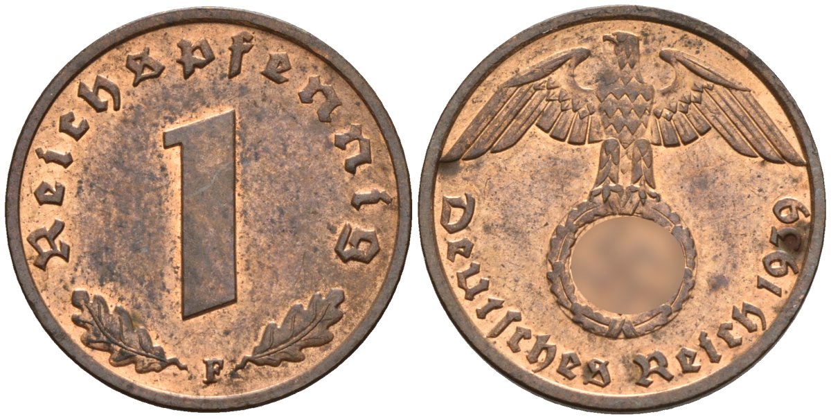 Германия 1 рейхспфенниг 1939 F KM 89, J. 361 бронза 4147-1215