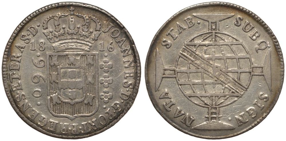 Бразилия 960 рейс 1816 B, монетный двор Бахия (Bahia), перечекан, патина, Жоао принц-регент (1799-1818) KM 307.1 серебро 00-817-66