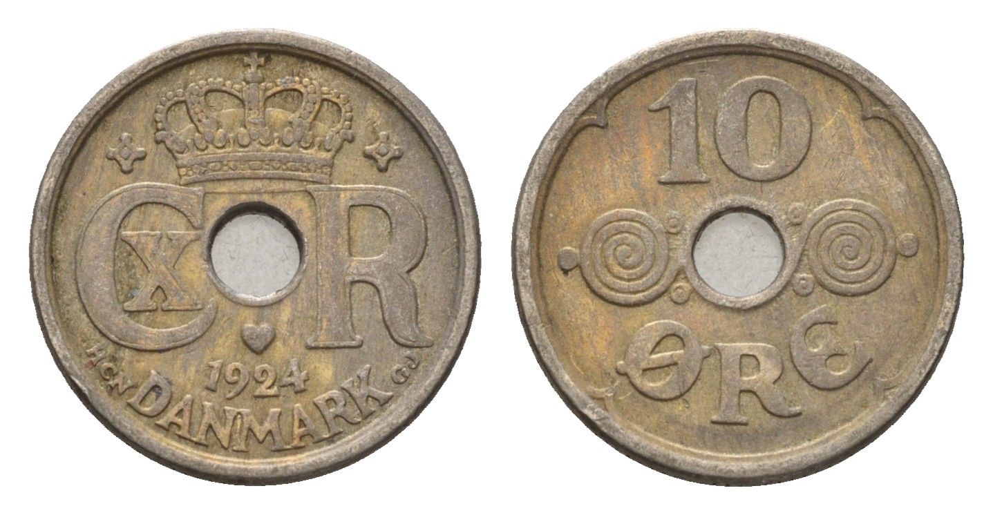 Дания 10 эре 1924 NCH, Кристиан X (1912-1947) KM 822 медно-никель 4701-924