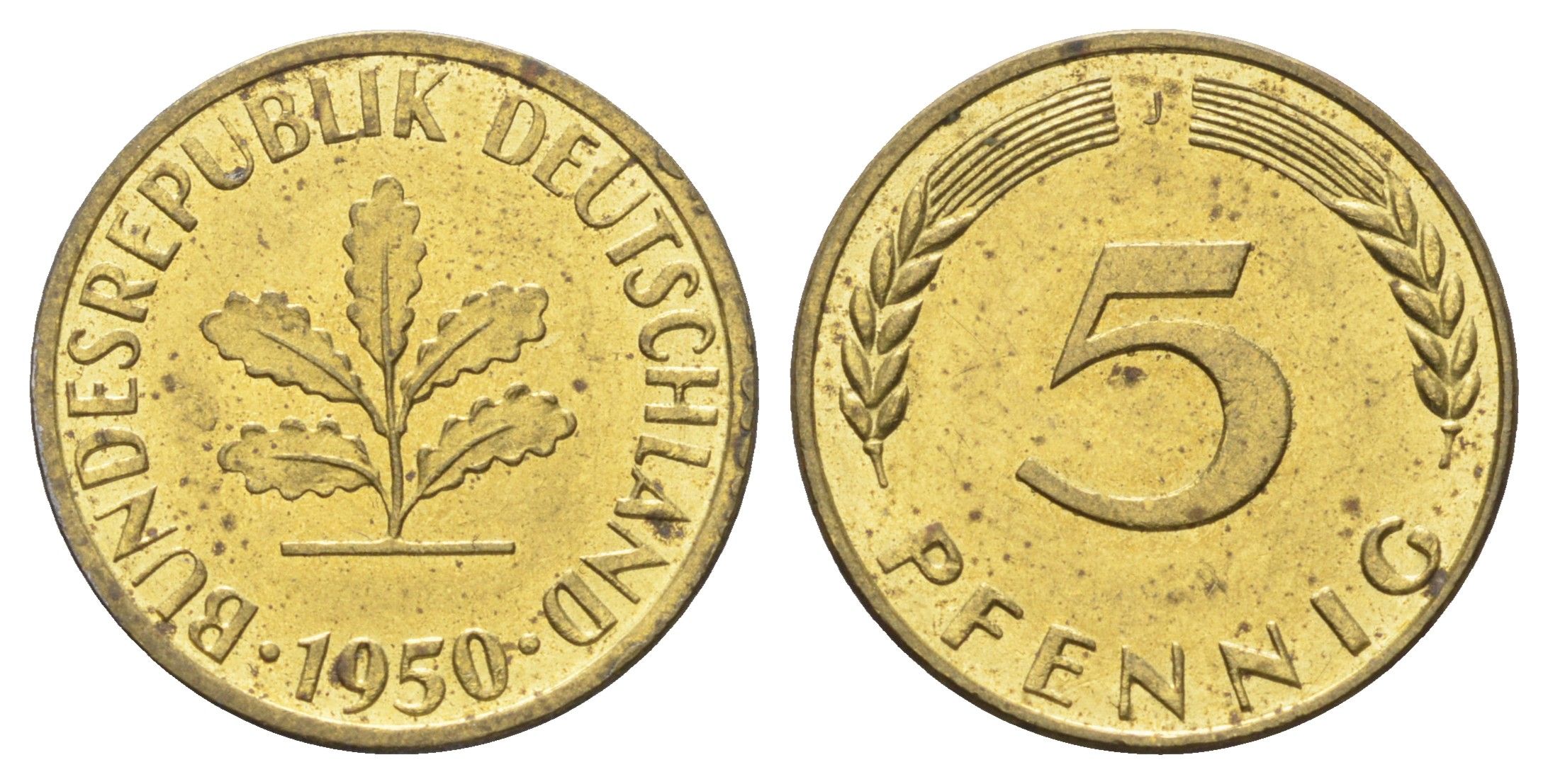 ФРГ 5 пфеннигов 1950 J KM 107, J. 382 сталь плакированная латунью aUNC 4697-553